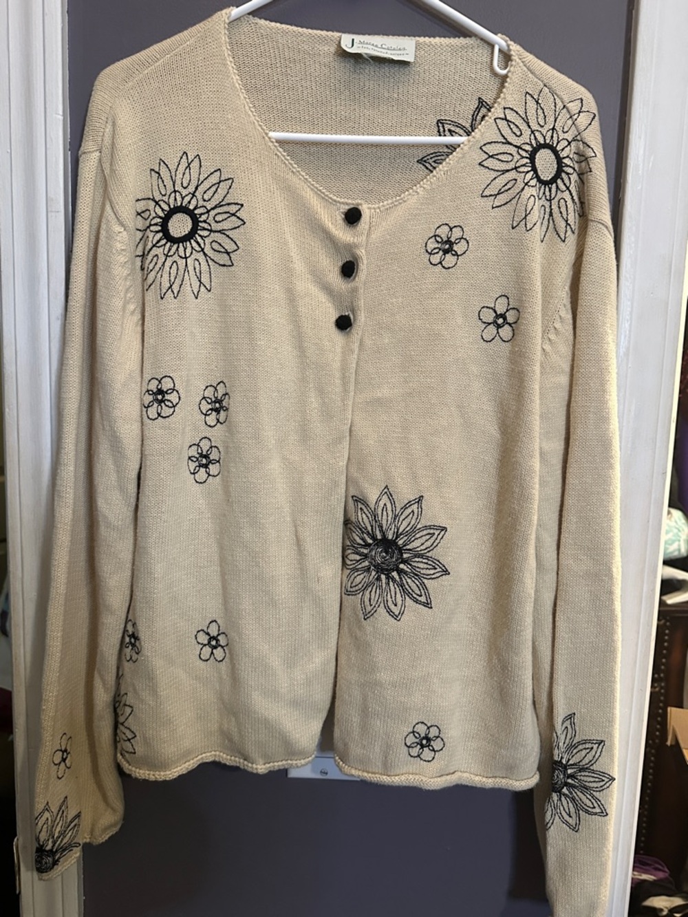 Floral Embroidered Open-Front Cardigan Sweater - Beige